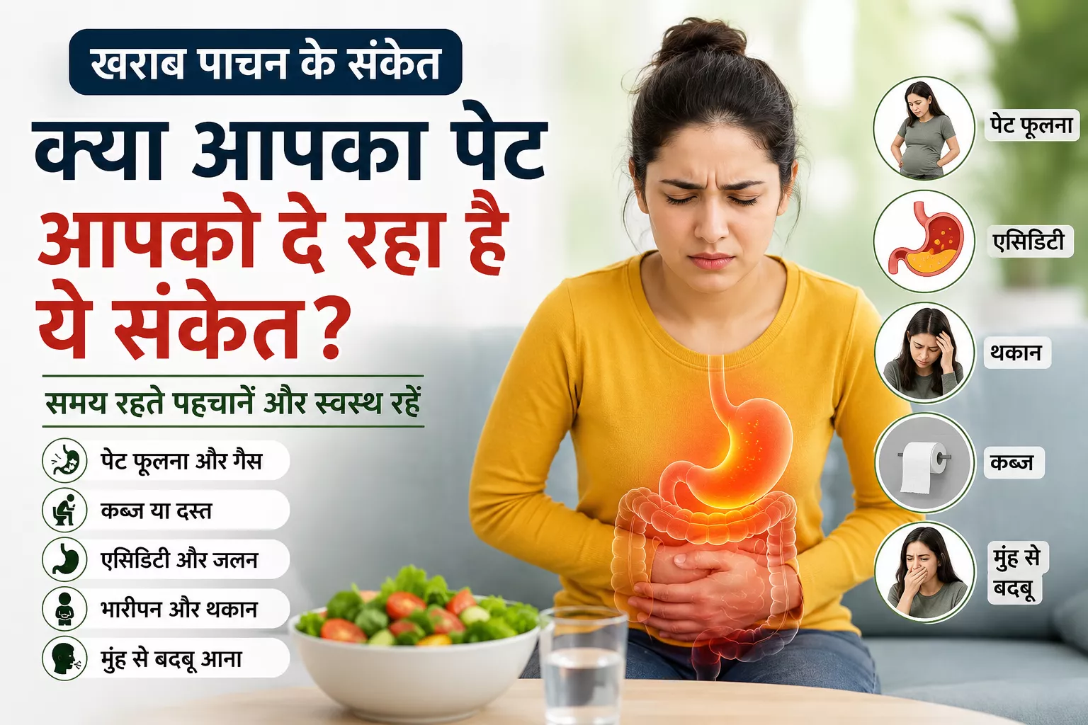 खराब पाचन के संकेत दिखाती इन्फोग्राफिक जिसमें पेट फूलना, गैस, एसिडिटी, कब्ज, थकान और मुंह की बदबू जैसी समस्याएं दर्शाई गई हैं।