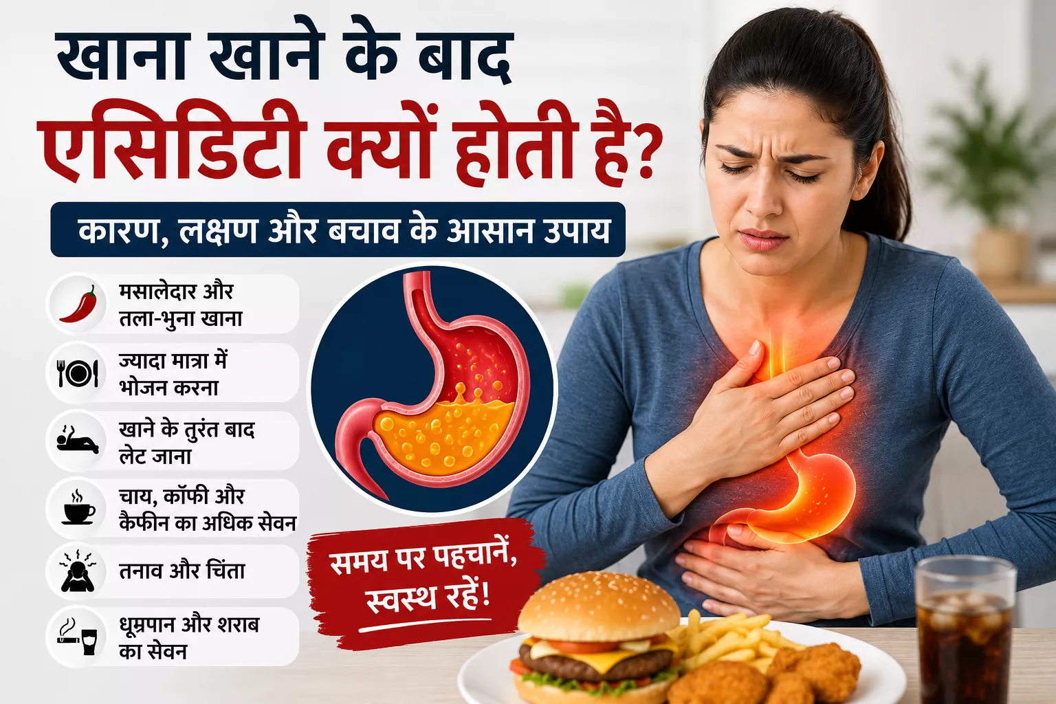 खाना खाने के बाद एसिडिटी के कारण दर्शाती इन्फोग्राफिक, जिसमें सीने में जलन, मसालेदार भोजन, जंक फूड, तनाव, कैफीन और एसिड रिफ्लक्स के लक्षण दिखाए गए हैं।