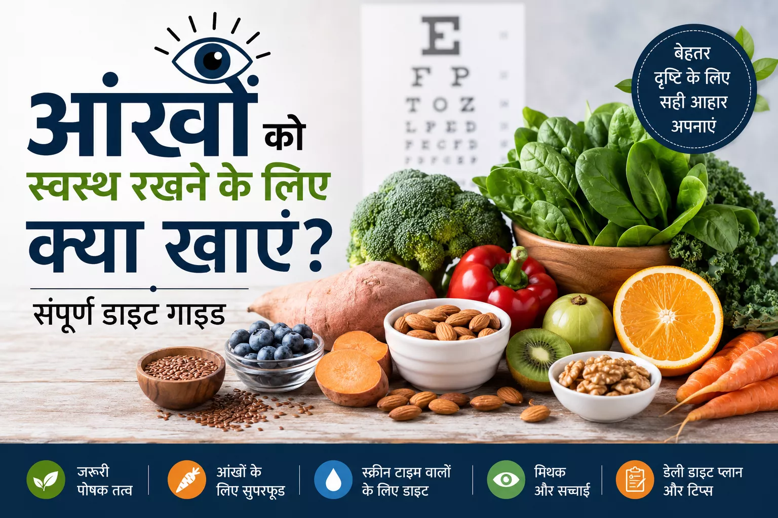 आंखों के स्वास्थ्य के लिए फायदेमंद खाद्य पदार्थों को दर्शाती हिंदी इन्फोग्राफिक, जिसमें गाजर, पालक, बादाम, अखरोट, संतरा, शकरकंद और अन्य पोषक तत्वों से भरपूर खाद्य पदार्थ दिखाए गए हैं।