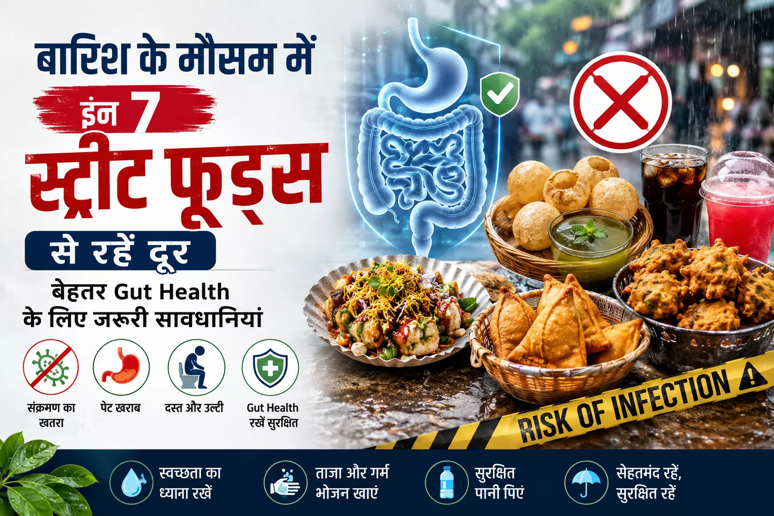 बारिश के मौसम में Gut Health के लिए हानिकारक स्ट्रीट फूड्स दर्शाती हिंदी इन्फोग्राफिक, जिसमें गोलगप्पे, चाट, समोसे, पकौड़े और दूषित खाद्य पदार्थों से पेट खराब होने के जोखिम को दिखाया गया है।