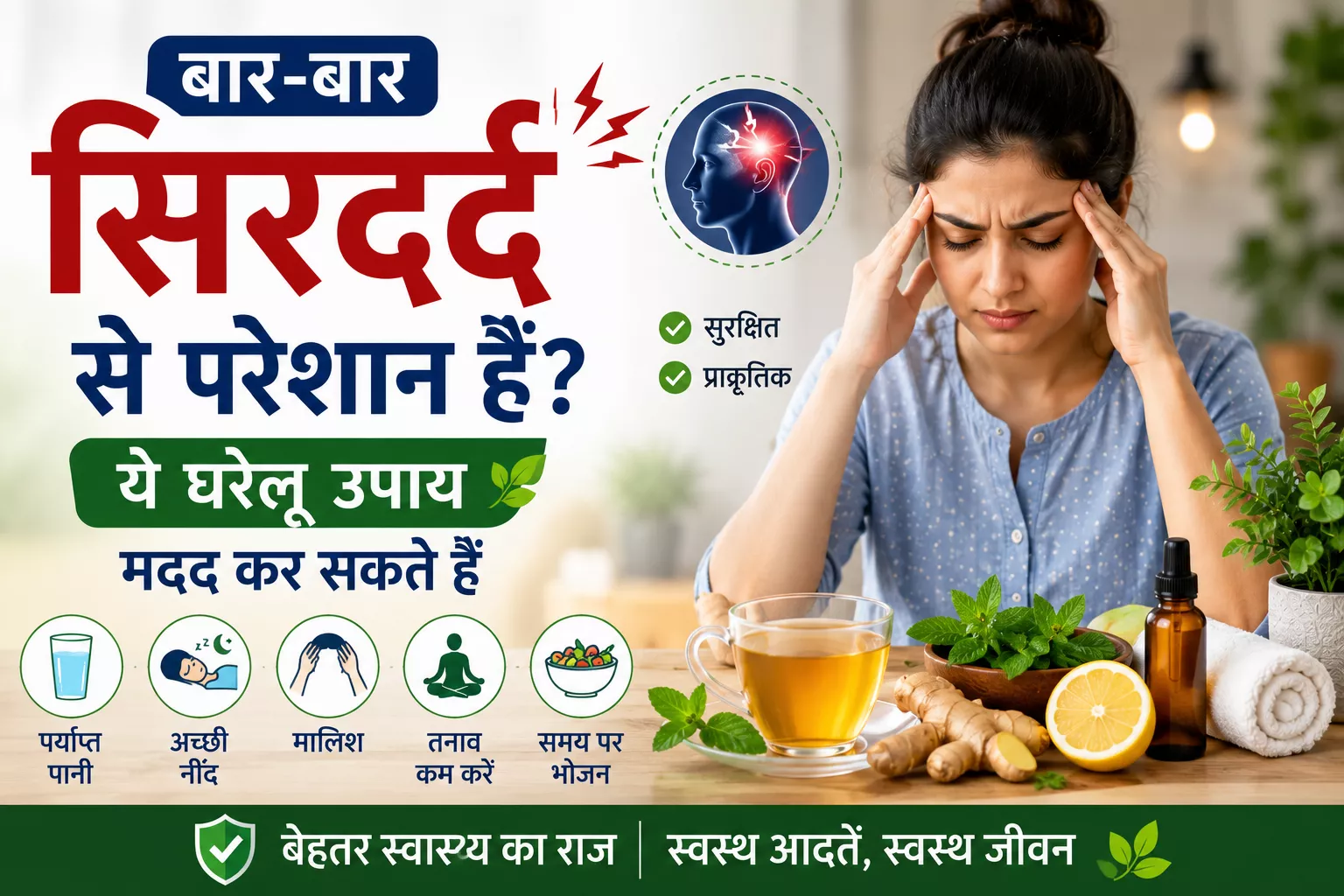 बार-बार सिरदर्द से परेशान महिला को दर्शाती हिंदी स्वास्थ्य इन्फोग्राफिक, जिसमें सिरदर्द से राहत के घरेलू उपाय जैसे पर्याप्त पानी, अच्छी नींद, मालिश, तनाव कम करना और समय पर भोजन करने के सुझाव दिए गए हैं।