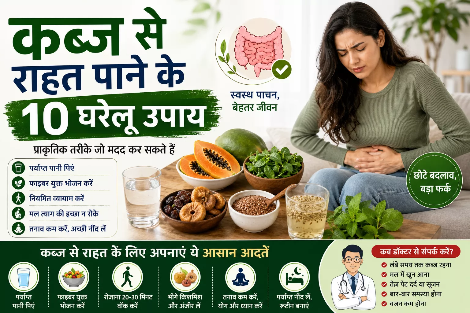 कब्ज से राहत पाने के घरेलू उपायों पर आधारित हिंदी स्वास्थ्य इन्फोग्राफिक, जिसमें फाइबर युक्त भोजन, पर्याप्त पानी, अंजीर, किशमिश और स्वस्थ पाचन के सुझाव दिखाए गए हैं।