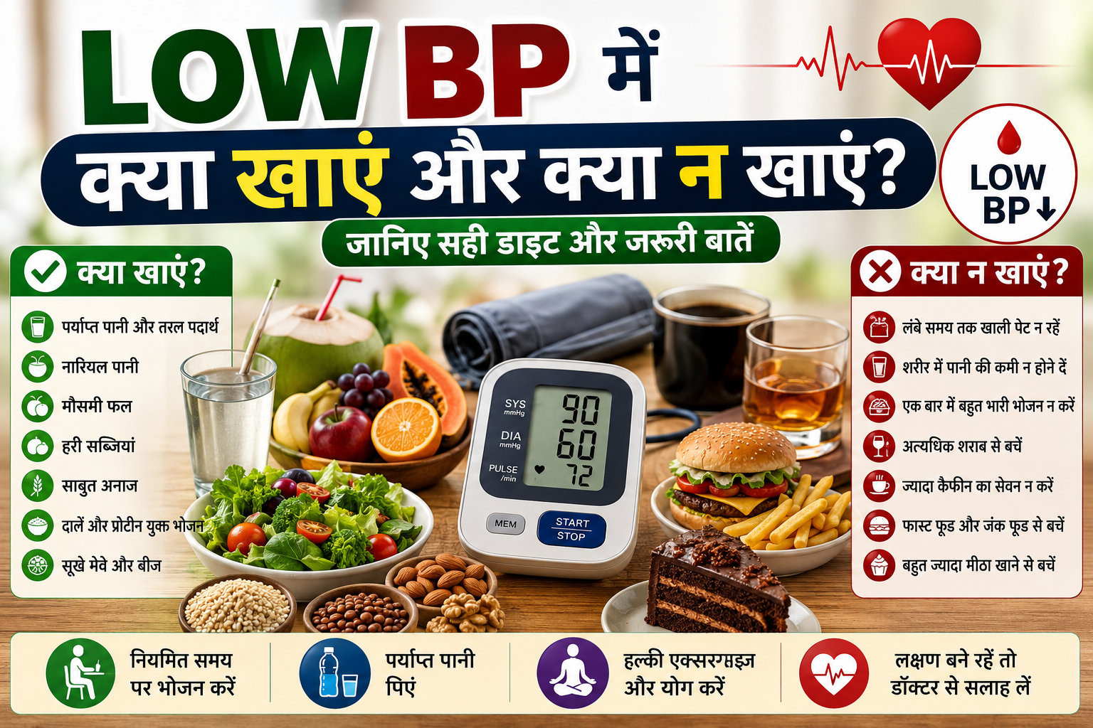 Low BP में क्या खाएं और क्या न खाएं, इस विषय पर हिंदी स्वास्थ्य इन्फोग्राफिक जिसमें स्वस्थ आहार, पर्याप्त पानी, फल, हरी सब्जियां और Low Blood Pressure में बचने योग्य खाद्य पदार्थों की जानकारी दी गई है।