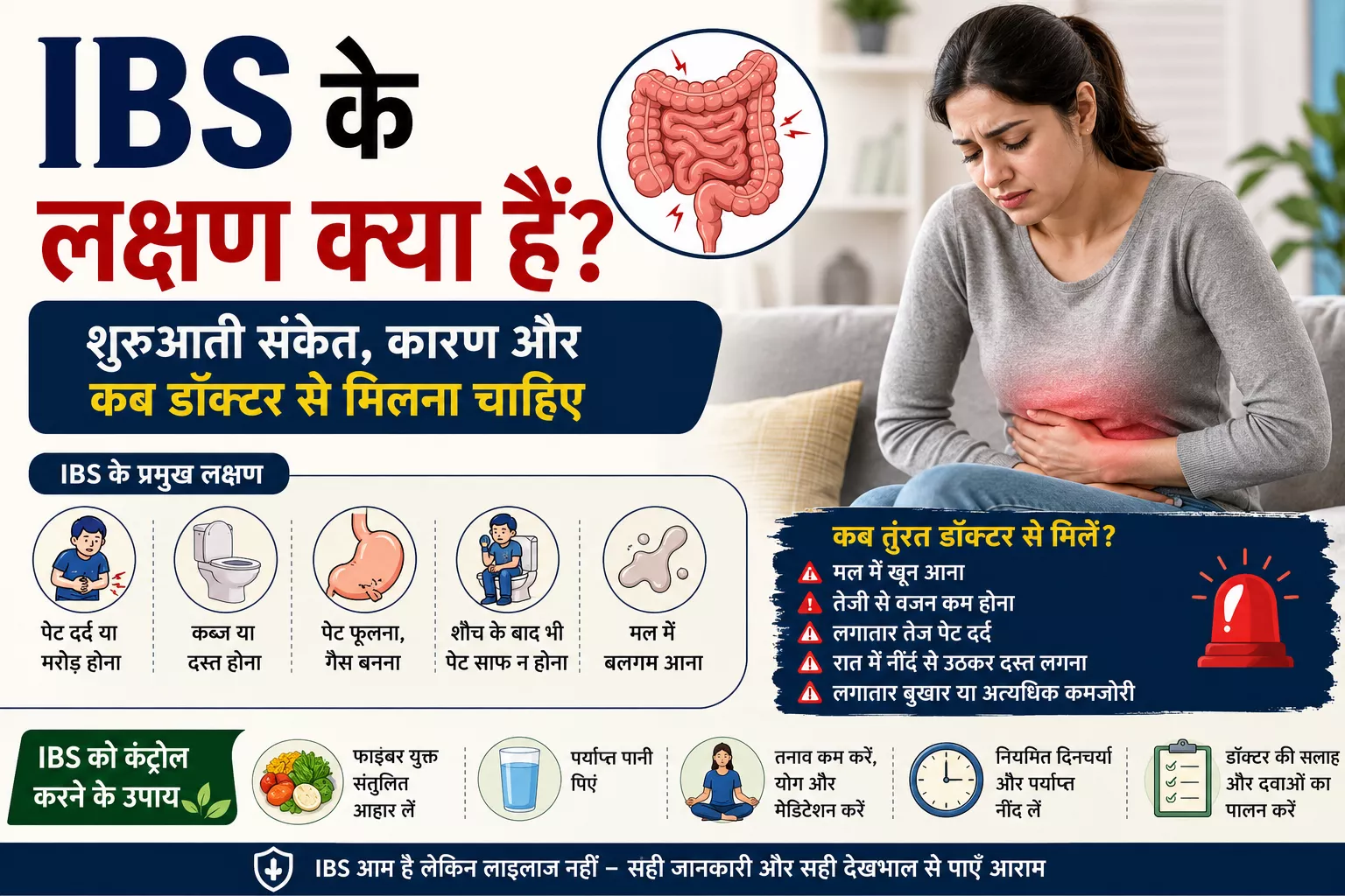 IBS के लक्षण क्या हैं? इस हिंदी स्वास्थ्य इन्फोग्राफिक में पेट दर्द, गैस, कब्ज, दस्त, पेट फूलना, IBS के शुरुआती लक्षण और डॉक्टर से कब मिलना चाहिए इसकी जानकारी दी गई है।