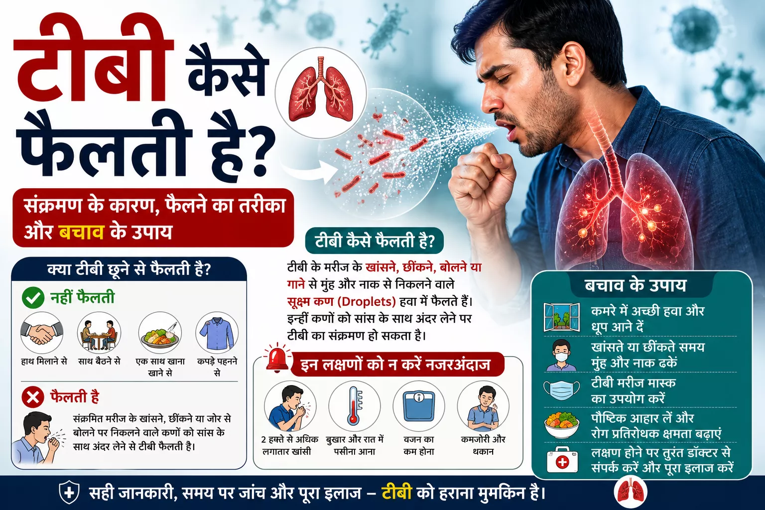 टीबी कैसे फैलती है? इस हिंदी स्वास्थ्य इन्फोग्राफिक में टीबी संक्रमण फैलने का तरीका, कारण, बचाव के उपाय, सामान्य मिथक और टीबी के प्रमुख लक्षण बताए गए हैं।