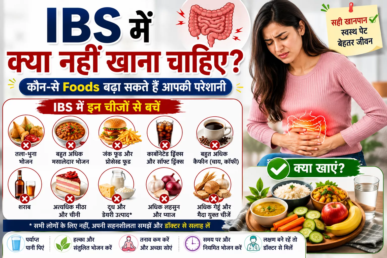 IBS में क्या नहीं खाना चाहिए? इस हिंदी स्वास्थ्य इन्फोग्राफिक में IBS के मरीजों के लिए नुकसान पहुंचाने वाले Foods, खानपान संबंधी सावधानियां और पेट को स्वस्थ रखने के टिप्स बताए गए हैं।