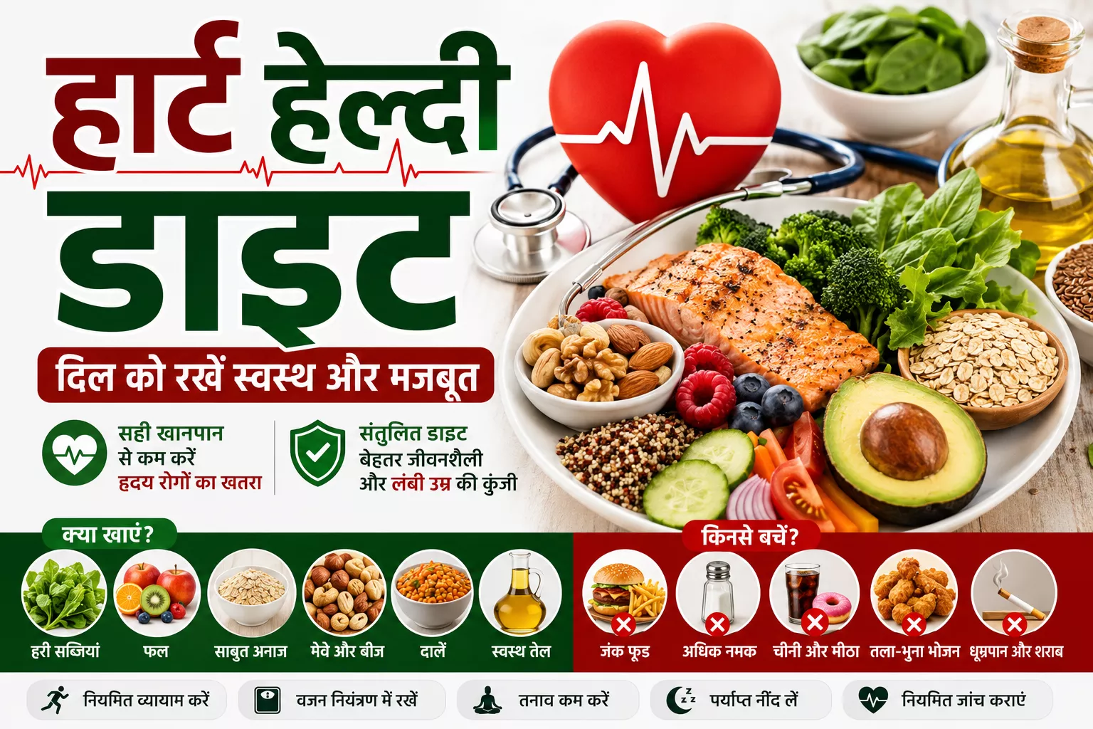 हार्ट हेल्दी डाइट पर आधारित हिंदी स्वास्थ्य इन्फोग्राफिक जिसमें दिल को स्वस्थ रखने वाले Foods, किन चीजों से बचना चाहिए और हृदय स्वास्थ्य के लिए जरूरी लाइफस्टाइल टिप्स बताए गए हैं।