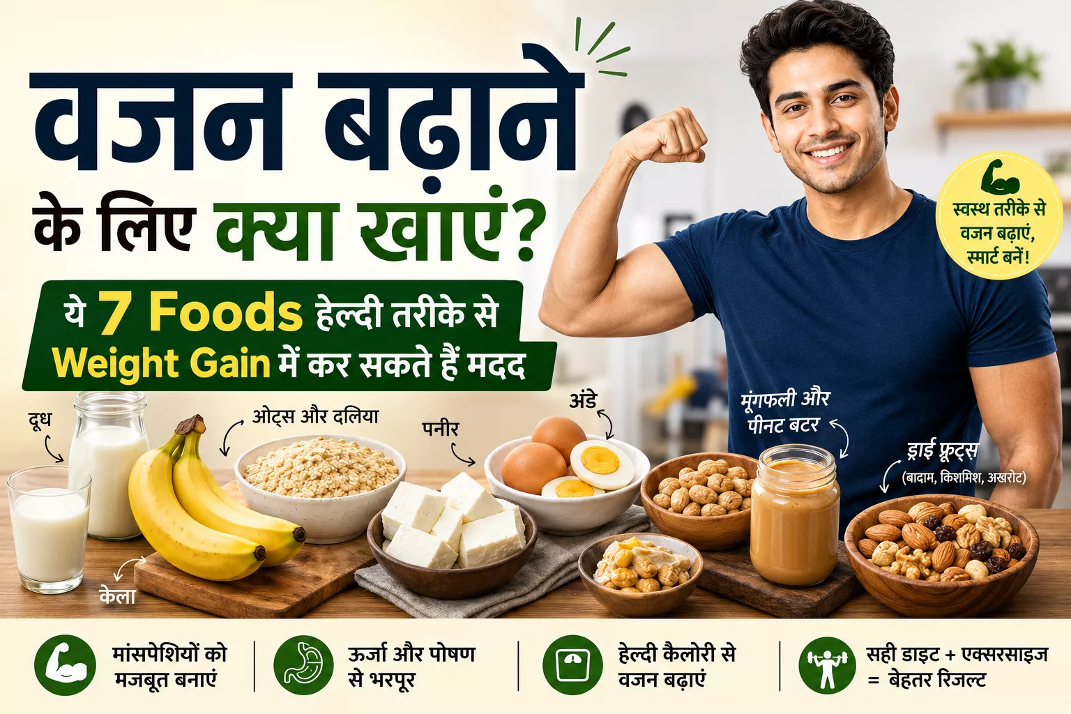 वजन बढ़ाने के लिए क्या खाएं? इस फीचर्ड इमेज में दूध, केला, पनीर, अंडे, मूंगफली, ओट्स और ड्राई फ्रूट्स जैसे हेल्दी Foods दिखाए गए हैं जो स्वस्थ तरीके से Weight Gain में मदद कर सकते हैं।