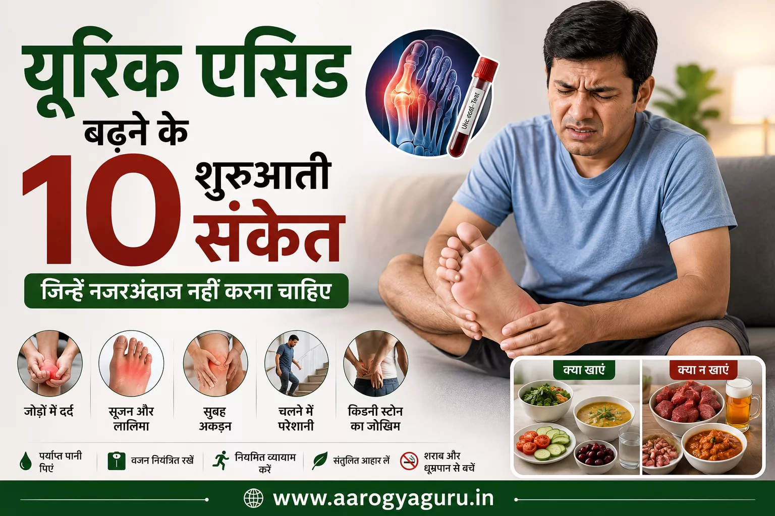यूरिक एसिड बढ़ने के शुरुआती लक्षणों को दर्शाती स्वास्थ्य इन्फोग्राफिक, जिसमें पैर के अंगूठे में दर्द, जोड़ों की सूजन, सुबह की अकड़न और अन्य सामान्य संकेत दिखाए गए हैं।