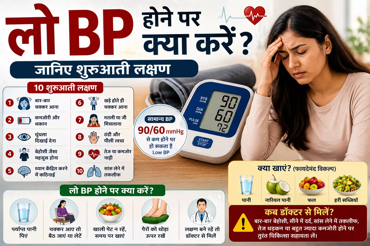 लो ब्लड प्रेशर (Low BP) के शुरुआती लक्षणों और बचाव के उपायों को दर्शाती हिंदी स्वास्थ्य इन्फोग्राफिक, जिसमें चक्कर आना, कमजोरी, धुंधला दिखना और Low BP में क्या करना चाहिए, इसकी जानकारी दी गई है।