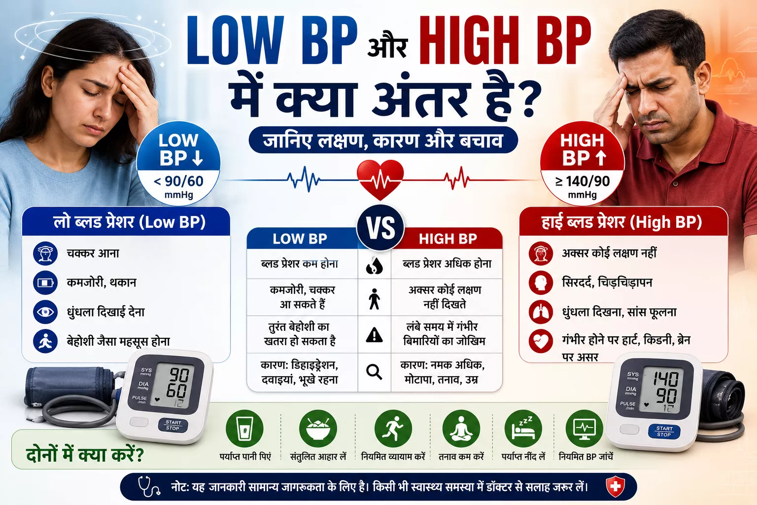 Low BP और High BP के बीच अंतर को दर्शाती हिंदी स्वास्थ्य इन्फोग्राफिक, जिसमें दोनों के लक्षण, कारण, ब्लड प्रेशर रेंज और बचाव के उपायों की तुलना दिखाई गई है।