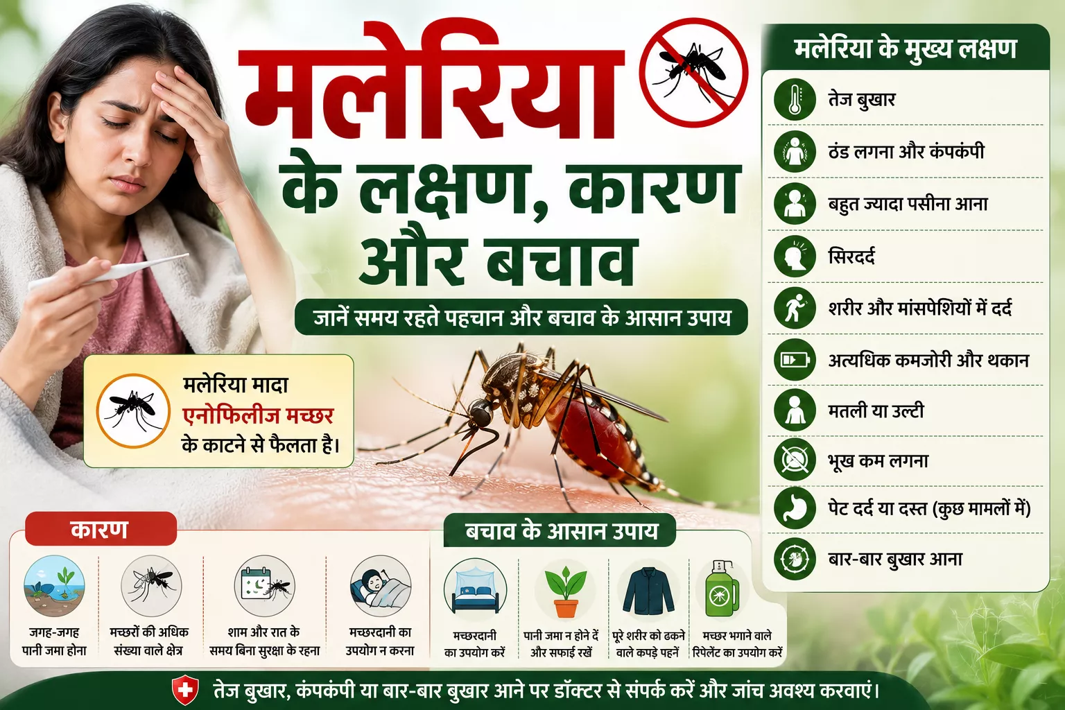 मलेरिया के लक्षण, कारण और बचाव पर आधारित हिंदी स्वास्थ्य इन्फोग्राफिक, जिसमें तेज बुखार, कंपकंपी, मच्छर के काटने से संक्रमण और बचाव के उपाय दर्शाए गए हैं।