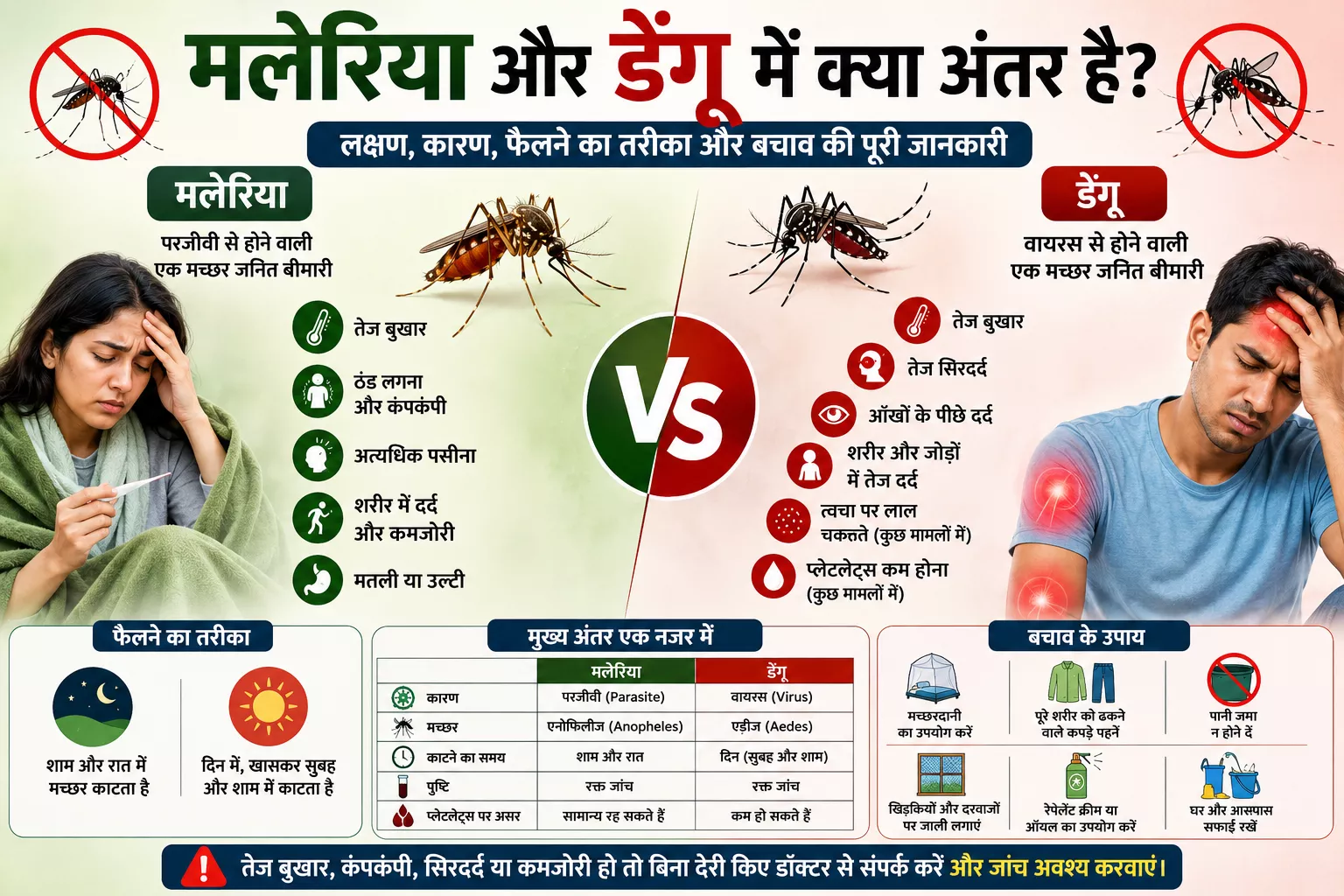 मलेरिया और डेंगू में अंतर को दर्शाती हिंदी स्वास्थ्य इन्फोग्राफिक, जिसमें दोनों बीमारियों के लक्षण, कारण, फैलने का तरीका, मच्छरों के प्रकार और बचाव के उपायों की तुलना दिखाई गई है।