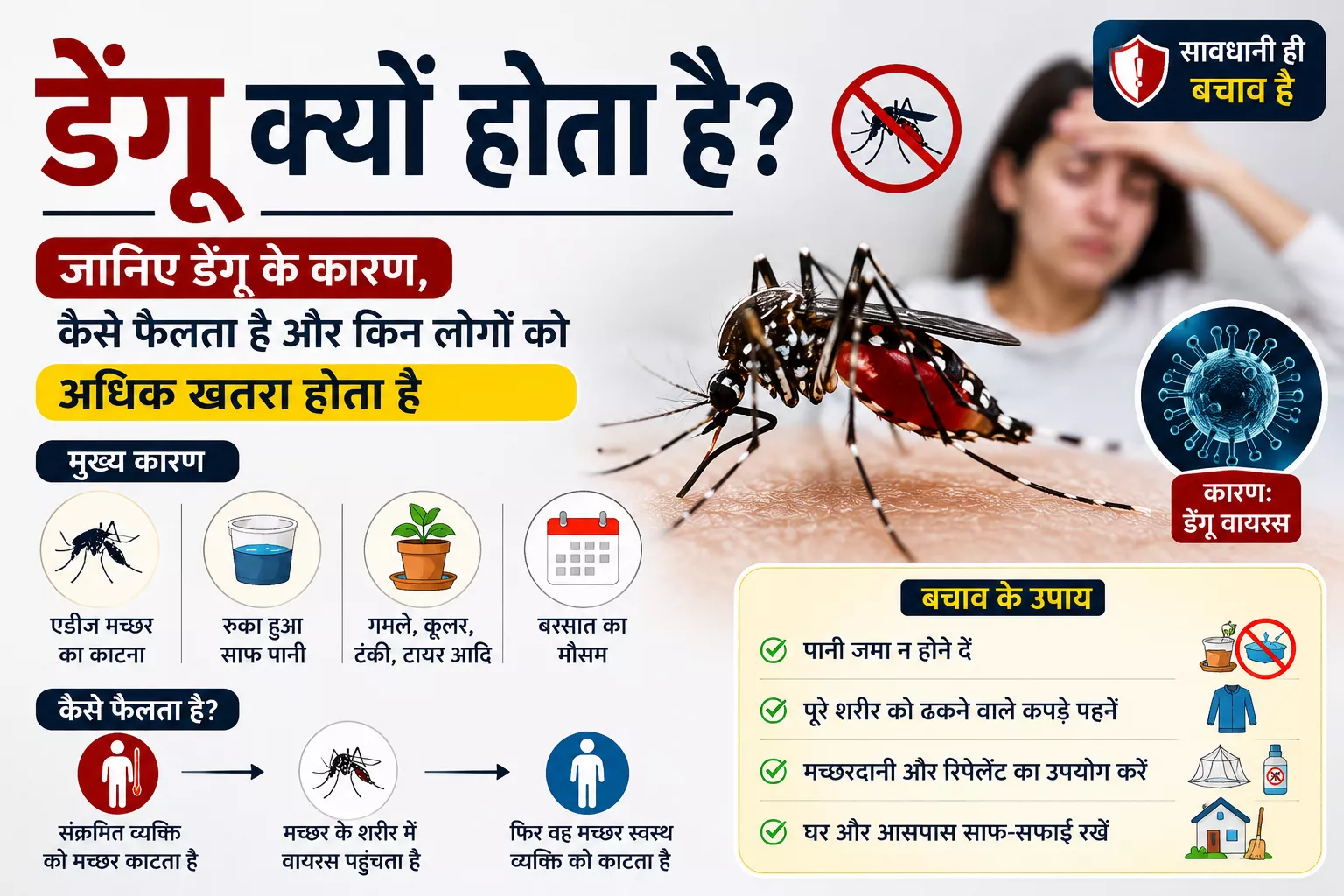 डेंगू क्यों होता है? इस हिंदी स्वास्थ्य इन्फोग्राफिक में डेंगू के कारण, एडीज मच्छर, संक्रमण फैलने का तरीका और डेंगू से बचाव के उपाय दर्शाए गए हैं।